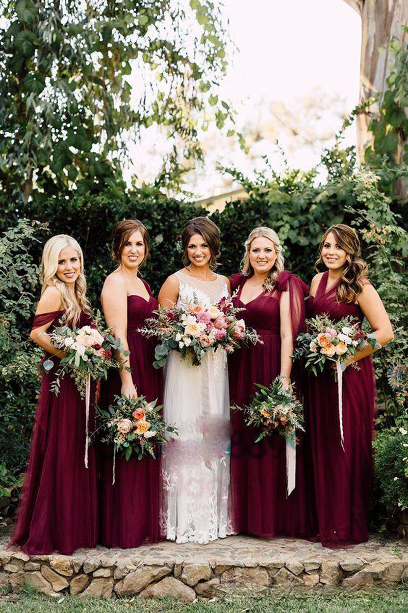 

Burgundy Chiffon Long Boho Country Bridesmaid Dresses 2017 Formal Florals Autumn Garden Wedding Party Guest Junior Gowns
