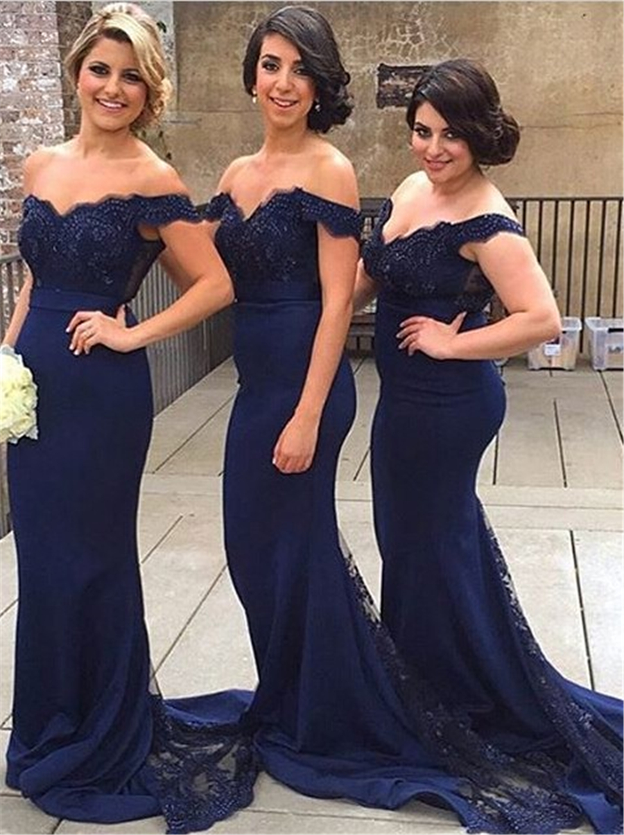 

Mermaid Off-the-Shoulder Sweep Train Navy Blue Stretch Satin Bridesmaid Dress with lace vestidos longos para formatura