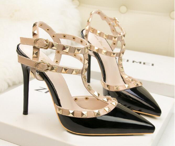 

Tree Fashion 10cm Bottom High Heels Straps Rivets High Heels Red Leather Woman Sandal Shoes Pumps Shoes, Black