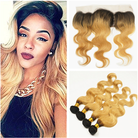 

Two Tone 1B/27 Honey Blonde Ombre Peruvian Body Wave Human Hair With 13x4 Lace Frontal Virgin Strawberry Blonde Ombre 4Bundles With Frontal, #1b/27