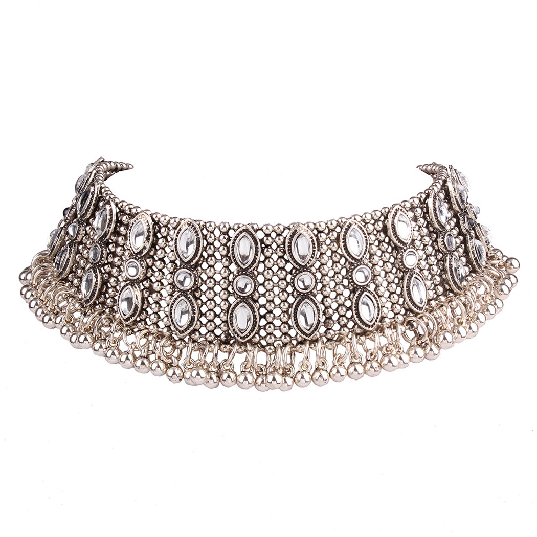 

idealway Hot Sale European Gypsy Golden Silver Fashion Inlay Crystal Rhinestone Balls Tassel Wide Choker Necklace