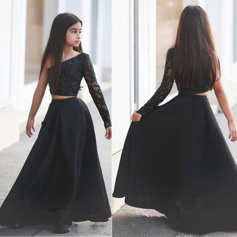 Arabic Said Mhamad Black One Shoulder Long Sleeve Kids Prom Dresses A Line Two Piece Beaded Flower Girls Dresses