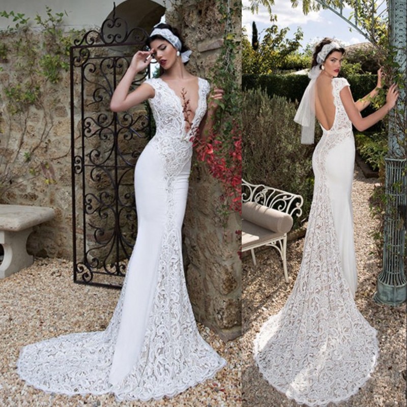 

White Deep V-Neck Wedding Dresses Elegant Short Sleeves Zipper Open Backless Lace Mermaid Wedding Gowns Sexy Beach Wedding Dresses, Champagne