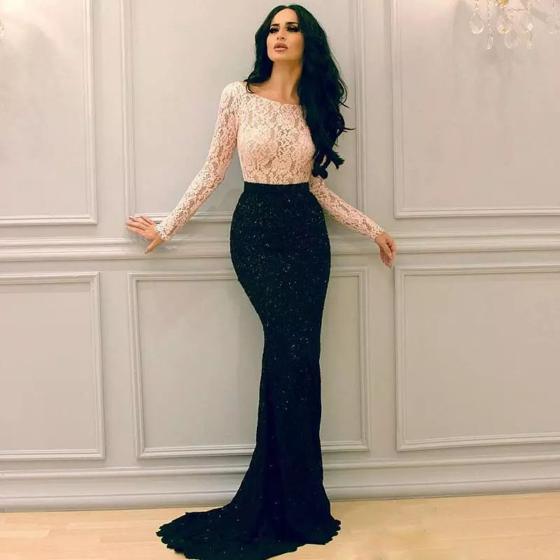 

Long Sleeves Memaid Prom Dresses Elegant Boat Neckline Lace Top Matched Sequins Bottom Evening Gowns Saprkly Sexy Formal EVening Dresses, Dark green