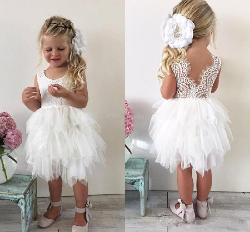 Sweety Conception Courte Fleur Fille Robe Dos Nu En Dentelle Volants Tulle Genou Longueur Filles Robes De Fête D'anniversaire Taille Personnalisé