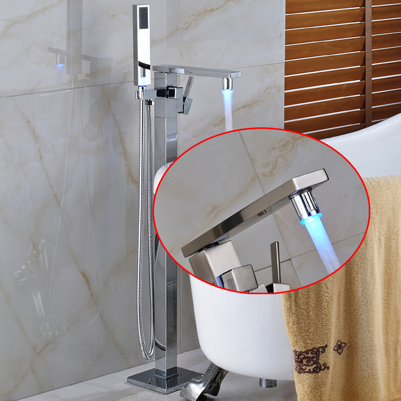 

New Modern Chrome With LED Color Waterfall Spout Bathroom Tub Faucet Free Standing Square Tub Filler W/ Handheld Sprayer Floor Mounted