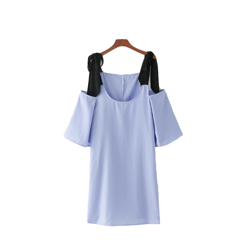 femmes élégantes manches papillon noeud papillon robe rayée des poches d'épaule d'été occasionnels mini robes