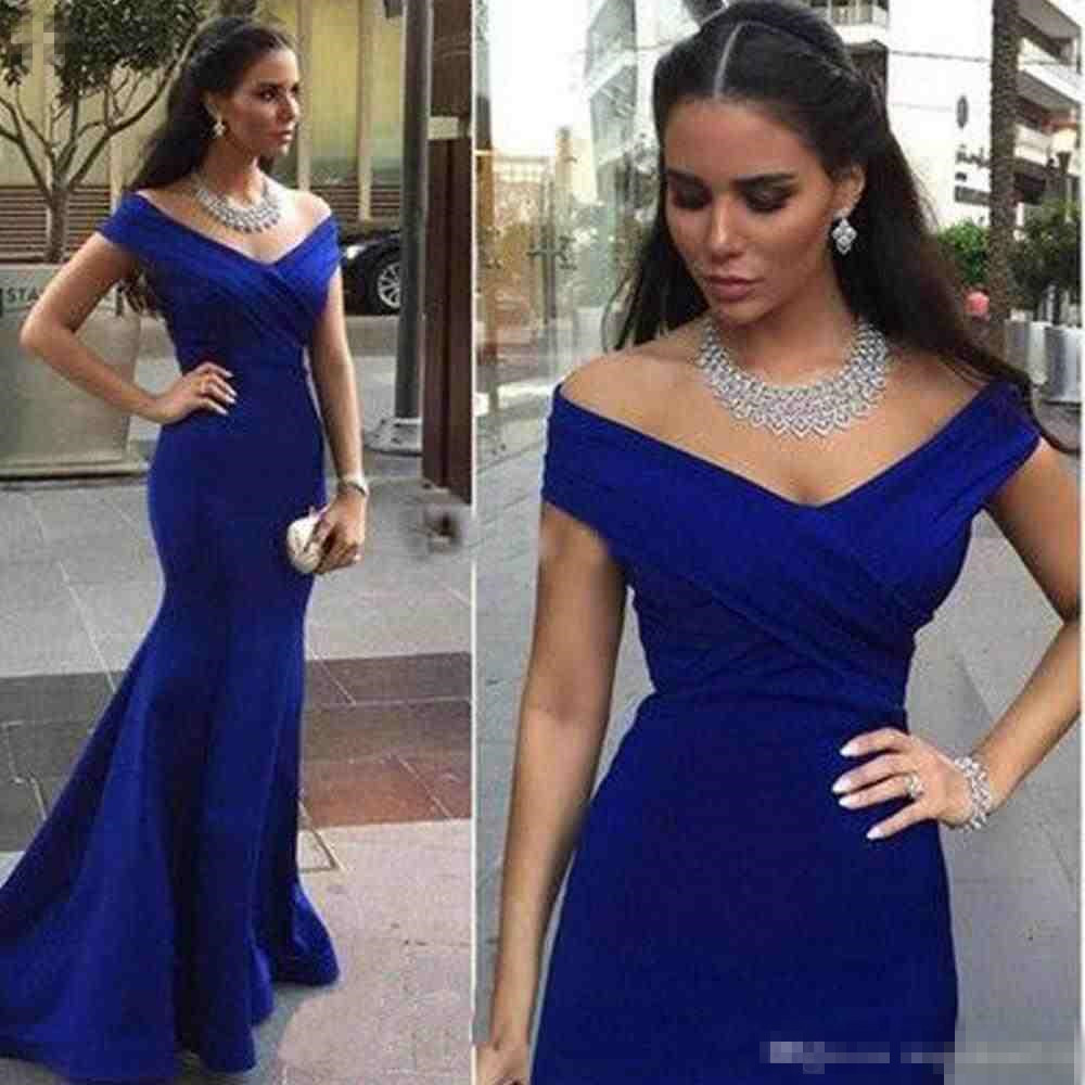 

Elegant Royal Blue Long Prom Dresses Off Shoulder Satin Pleats Ruffles Sweep Mermaid Formal Evening Gown, Hunter