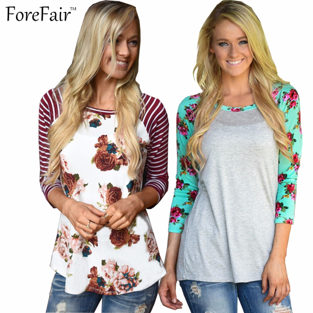 

Wholesale- ForeFair S-3XL 3/4 sleeve striped floral print t shirt women 2016 round neck slim patchwork casual blusa plus size girls tops, Grey