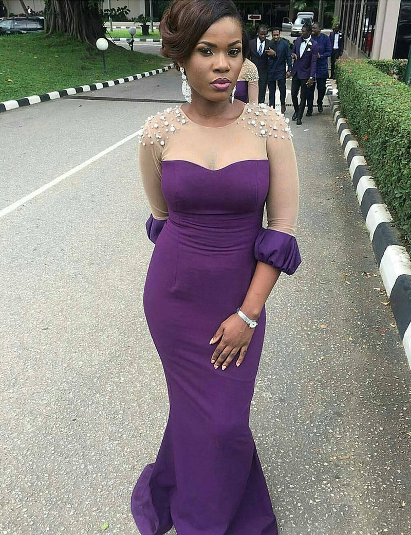 

O-Neck Purple Bridesmaid Dresses Mermaid Half Sleeve Tulle Elegant Wedding Guest Dress for Girls Pearls Beaded Prom Dresses feestjurken