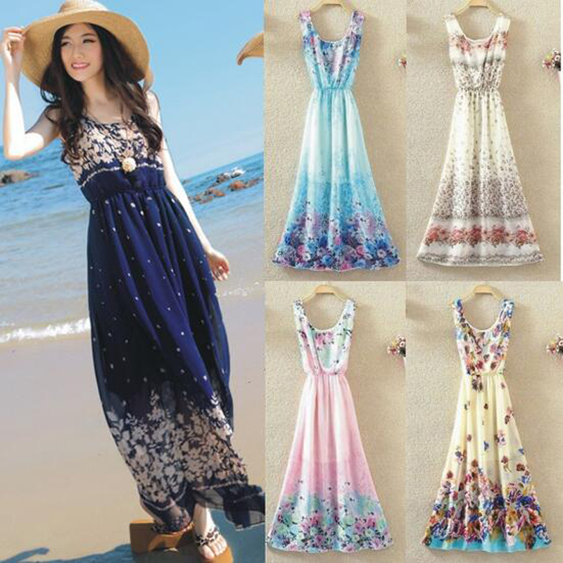 Date Bohême Plage Longue Robe Sans Manches Imprimé Floral Robe Décontractée Pour Femmes Parti Robe Livraison Gratuite