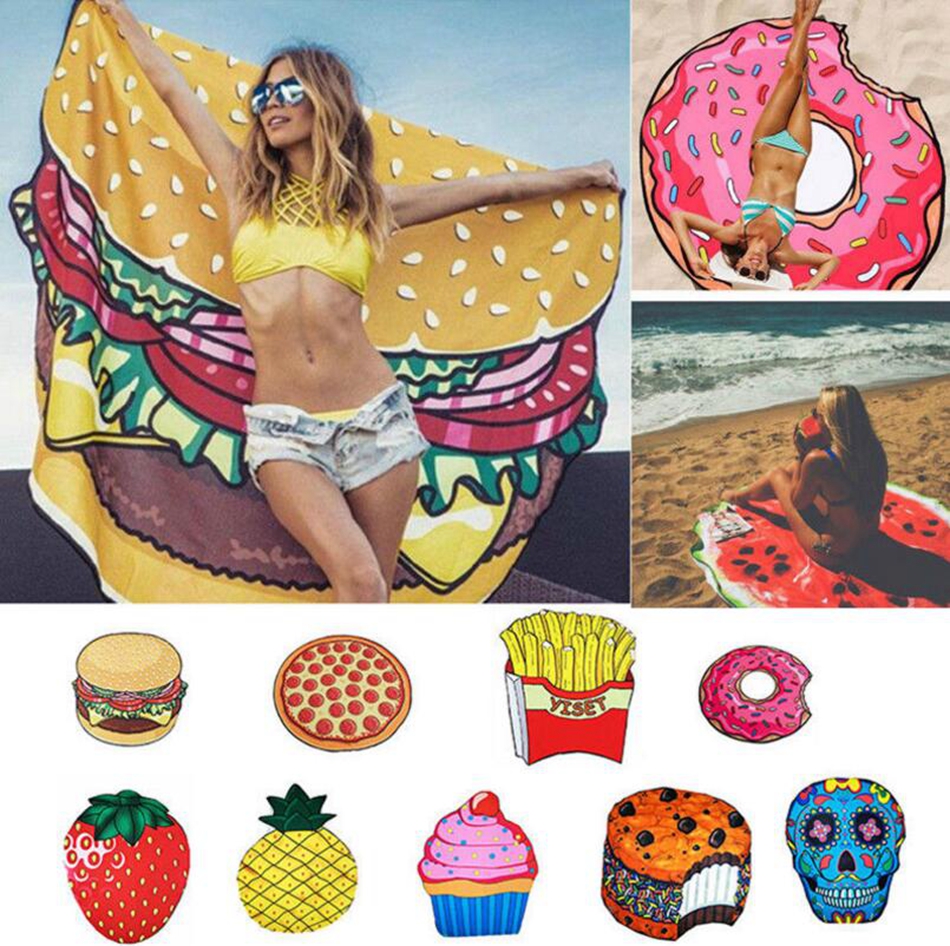 

Summer Fruits Beach Towel 18 Styles Pizza Hamburger Donut Skull Ice Cream Strawberry Polyester Round Beach Shower Towel OOA2266, As picture