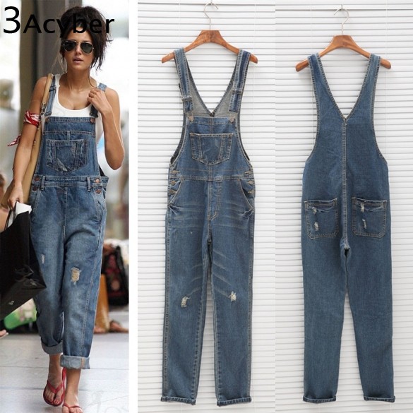 Wholesale- Korean Women Jumpsuit Denim Overalls 2017 Spring Casual Baggy Jeans Full Length Pinafore Dungaree Romper Women JumpsuitPlus Size