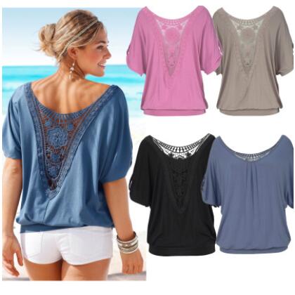 Femmes été évider couture dentelle T-shirt mode ample à manches courtes hauts dame dentelle haut T-shirt Sexy Tee hauts grande taille XXQQ