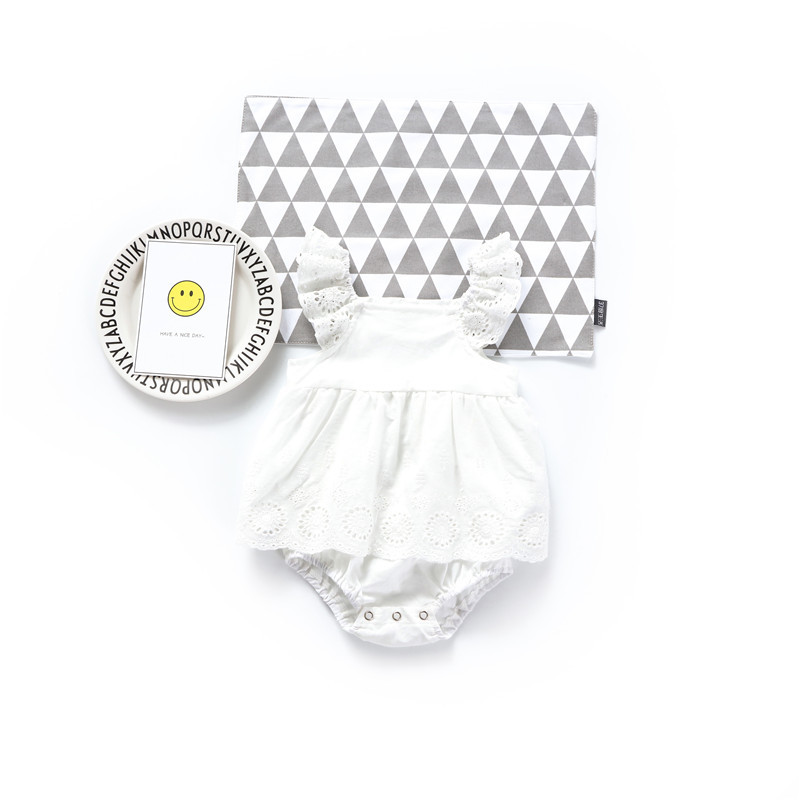 

INS new arrivals summer baby girl kids climbing romper sleeveless solid color lace hollow out flower romper girl kid summer rompers, White