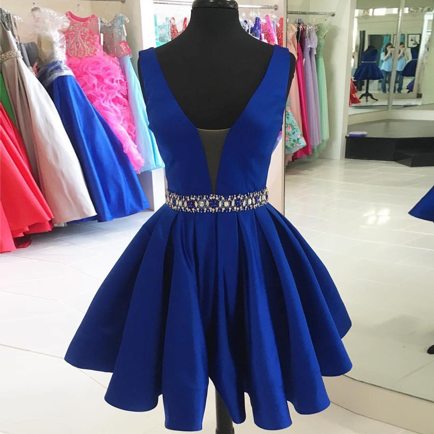 

Royal Blue Satin Short Homecoming Dresses V Neck Sleeveless Crystal Beaded Short Party Dresses Green Prom Dresses V Back, Lilac