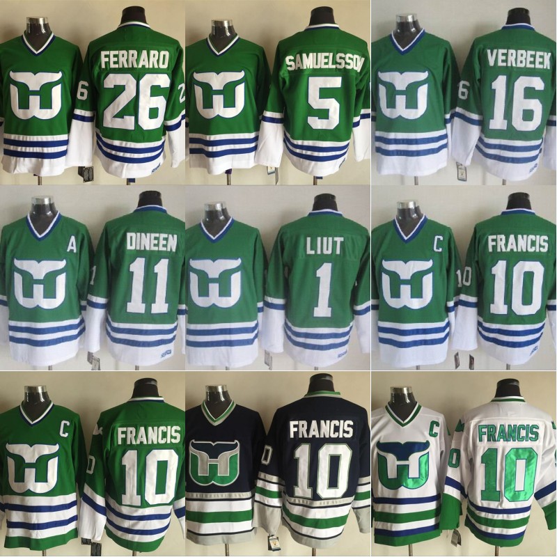 

Hartford Whalers Jerseys 1 Mike Liut 5 Ulf Samuelsson 10 Ron Francis 11 Kevin Dineen 16 Patrick Verbeek 26 Ray Ferraro Jersey, 16 green
