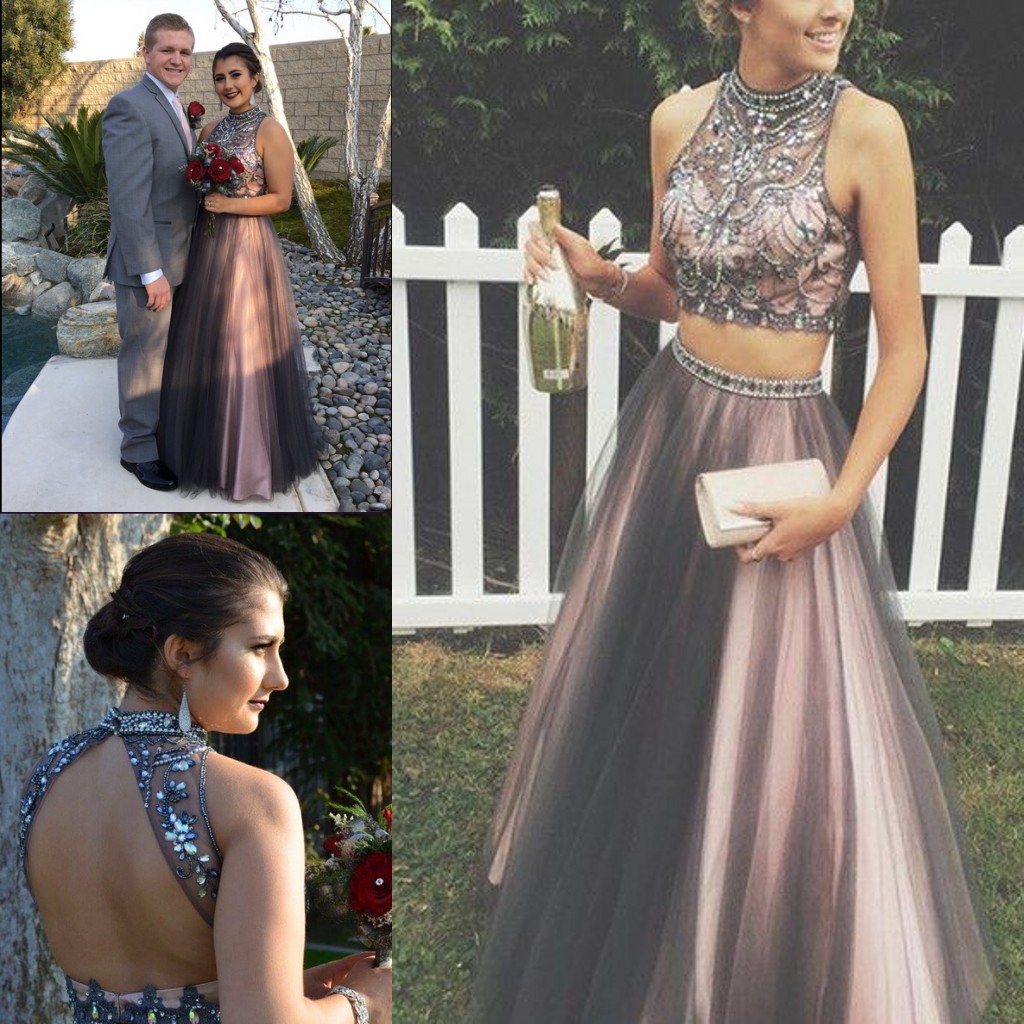 Two Piece Tulle Rom Dresses High Neck Crystal Beaded Tulle Floor Length Puffy Chocolate Brown Teenage Prom Dress Open Back Sweet 16 Dresses