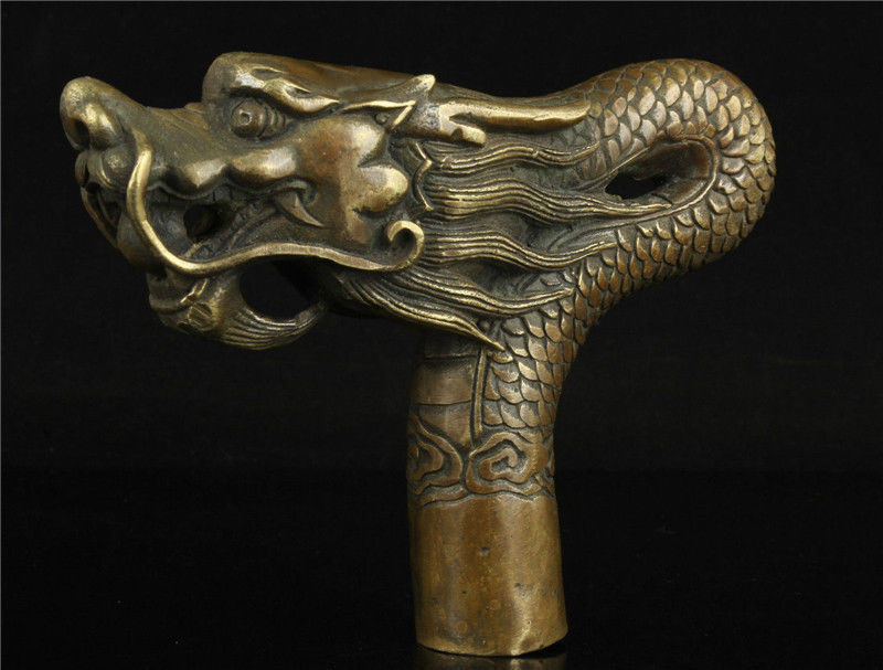 

decoration copper crafts China Old Handwork Carving Bronze Dragon Statue Cane Head Walking Stick Free shipping