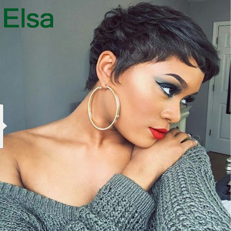 

Short brazilian human hair none lace front wigs with bang New Pixie cut wigs perruque cheveux full machine made wig, Black