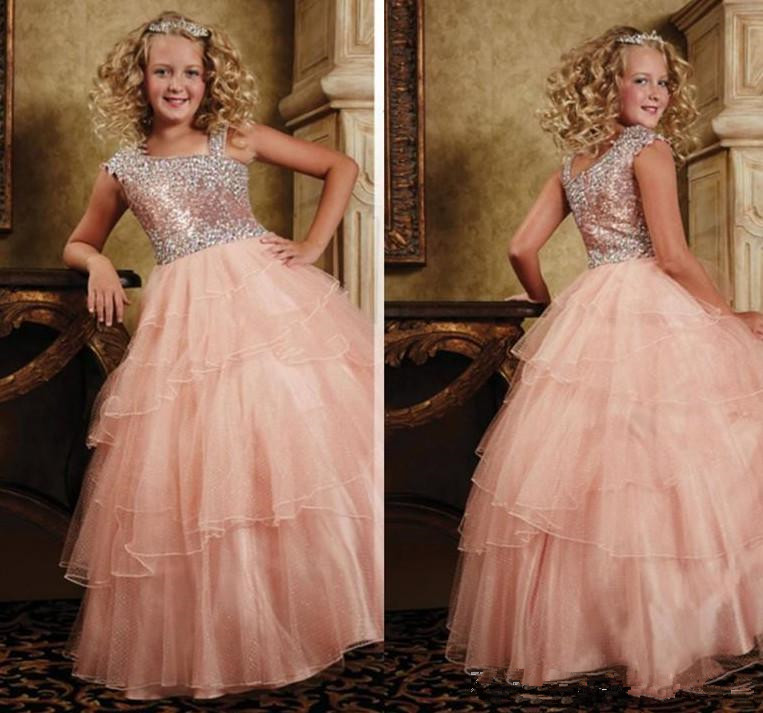 

New one shoulder neckline 2018 little girl pageant gowns zipper back tiered organza long floor girls prom dress, Same as image