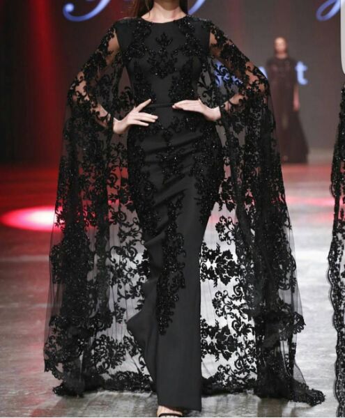 Black Lace Applique Arabic Dubai Prom Occasion Dresses with Cape 2019 Modest Fashion Crew Full length yousef aljasmi Evening Gowns