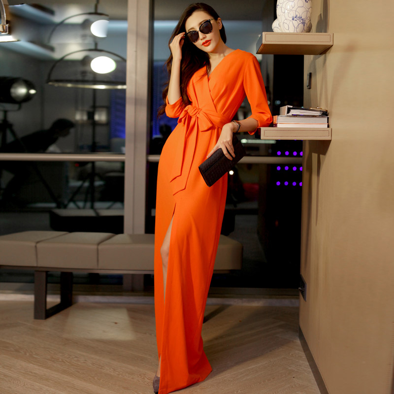 

Wholesale- HIGH QUALITY New Fashion 2016 Spring Women's 3/4 Sleeve V-neck Solid Brief Slit Casual Long Maxi Dress Size S-XXL 6 colors, Black