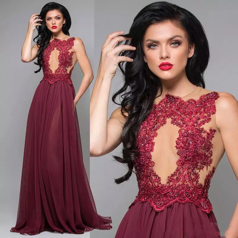 Robes de bal sexy 2021 Perles creuses avant Appliquées Bourgogne en mousseline de mousseline longue A Ligne drapé dentelle dentelle de soirée rob