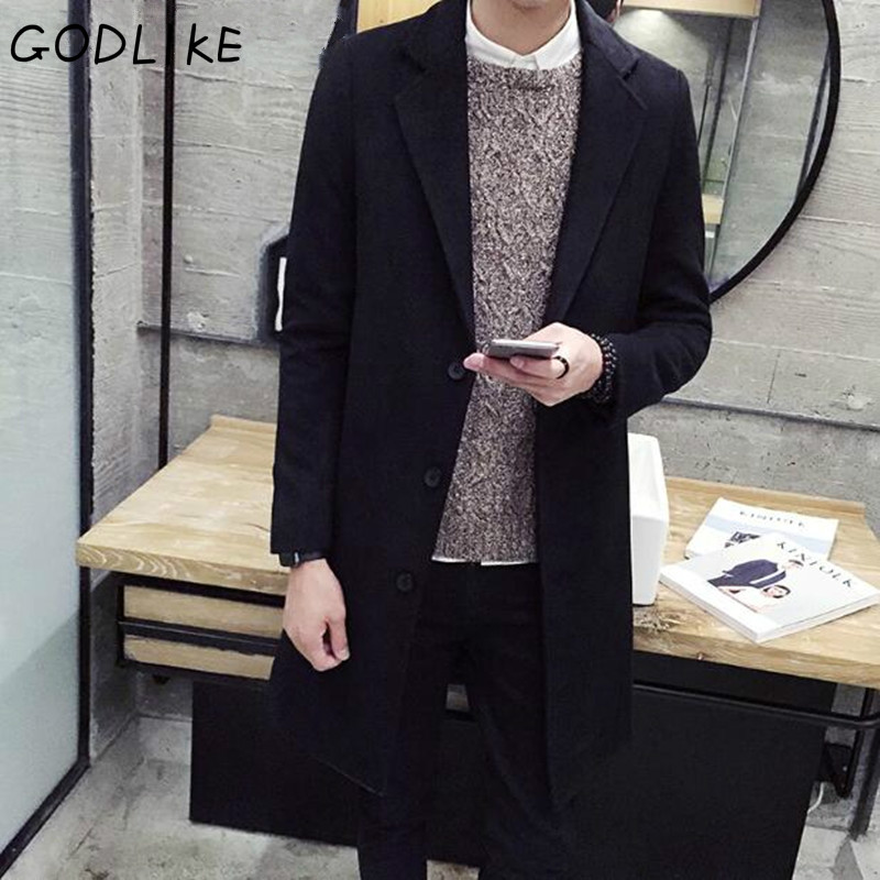 Wholesale- GODLIKE 2017 men's fashion Slim long long sleeves lapel coat/Mencasual pure cotton woolen jacket Large size M-5XL