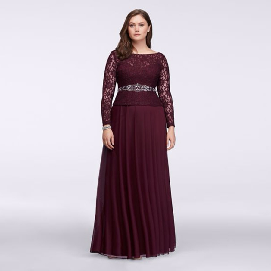 

Long-Sleeve Lace Bodice Gown 757898D Beading Sash Purple Sexy Mother of the Bridal Dres Wedding Party Dress Formal Dresses