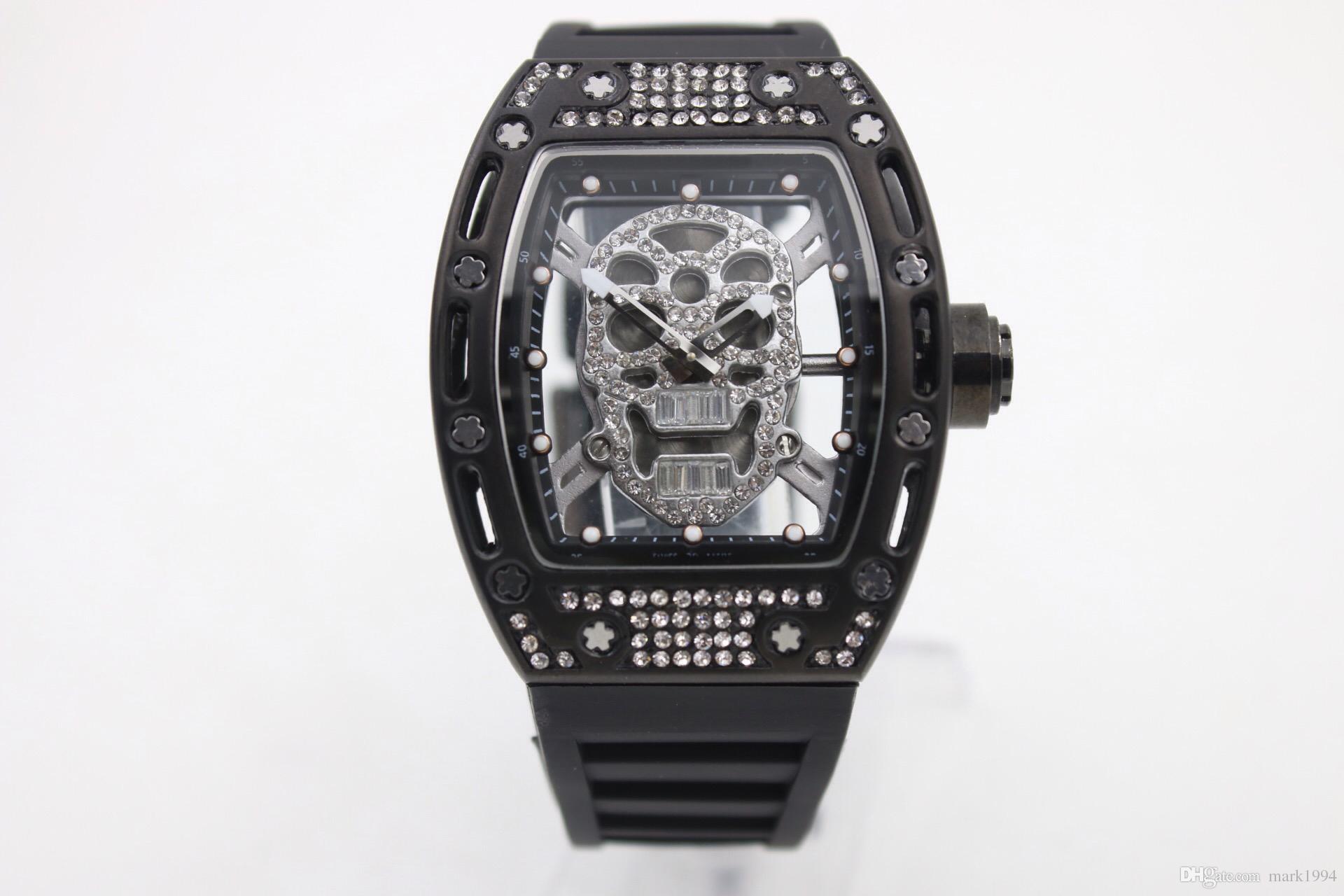 2017 nouvelle arrivée BOYUHENG 052 crâne cadran verre diamant retour hommes messieurs mode QUARTZ mouvement boîtier en acier noir en caoutchouc