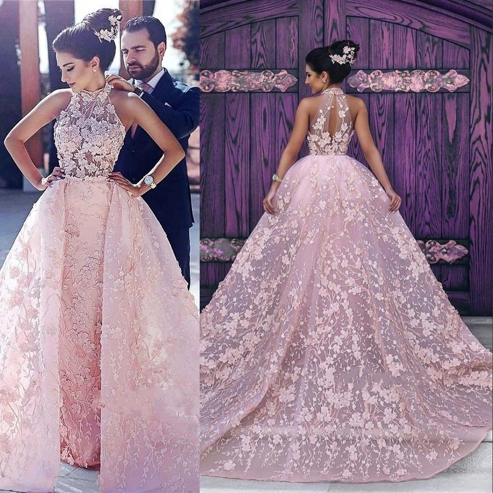 

Gorgeous Floral Applique Celebrity Dresses With Overskirt Stylish High Neck Sleeveless See Through Evening Gowns Glamorous Evening Dresses, Lavender
