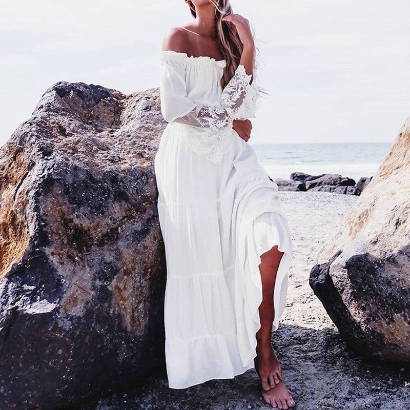 

Women Sexy Lace Patchwork Maxi Long Dress 2020 Slash Neck Off Shoulder Flare Sleeve Beach Party White Dresses Robe Vestidos, Black;gray