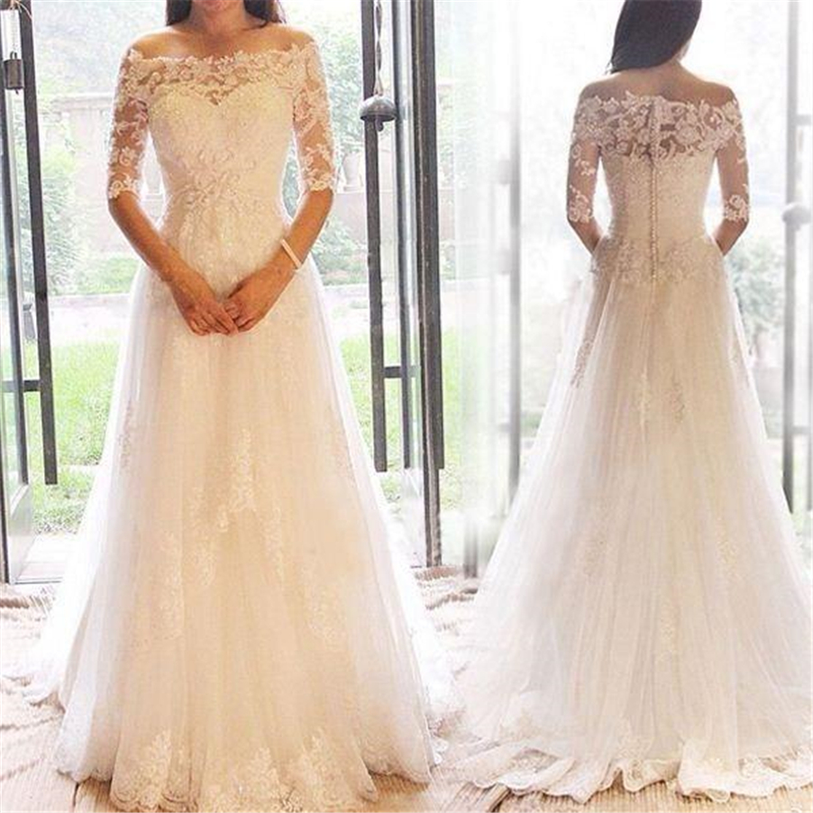 

Sheer Off the Shoulder Half Sleeves Applique Wedding Dress new design fashion hollow back winter new collection bridal gowns, Champagne