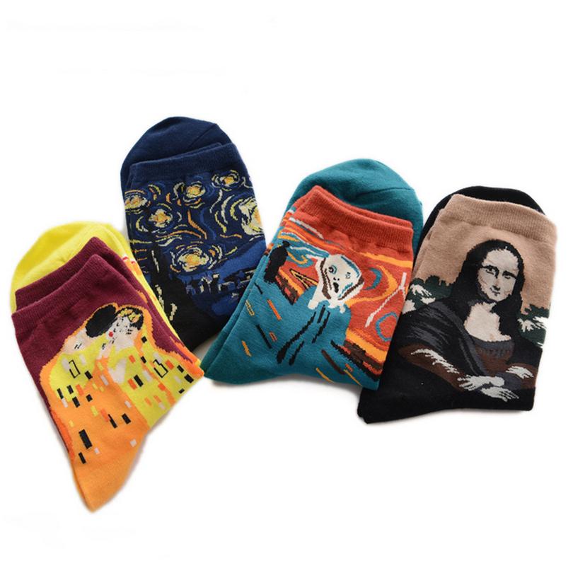

Wholesale- Famous European Art Socks Women Paint Female Socks Madam Casual Tube Socks Vintage Fashion Classic Oil Lady Cotton Women W029