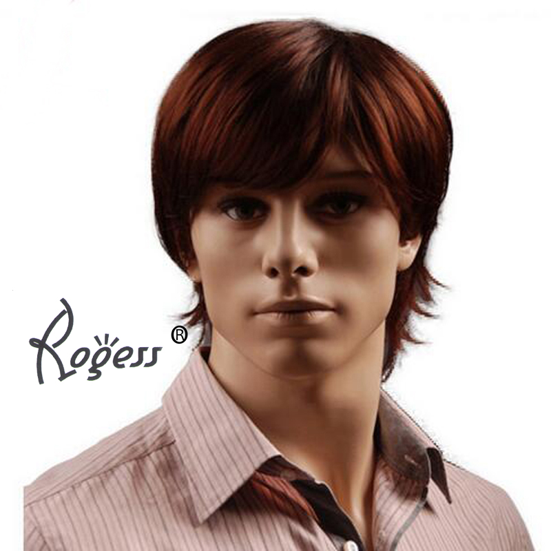 

8 inch Puffy Synthetic Reddish Brown Short Mens Wig Natural Male Hair Free Shipping