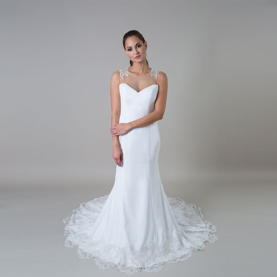 

Illusion Bodice And Low Illusion Back Delicate Sparkle Lace Chapel Length Train Wedding Dress Illusion Back Bridal Gowns, Ivory