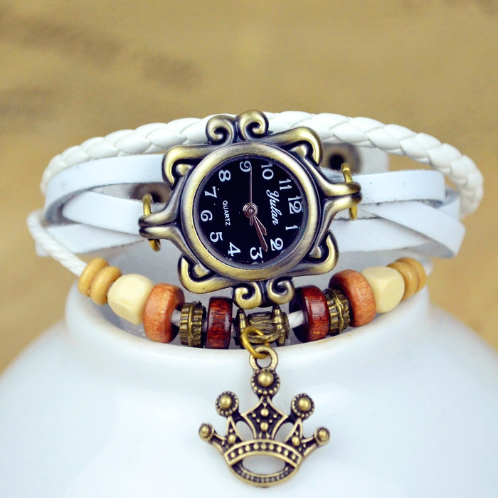 

Fashion Black Dial Women watch Statue of Liberty crown Pendant Decorated Watches Colorful Beads Band Retro Quartz movement Clock, Leave a message about color