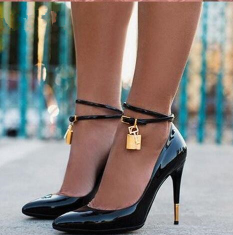 

2017 Black Nude White Patent Leather High Heels Shoes Women Pointed Toe Ankle-Lock Women Pumps Buckle Strap Party Shoes