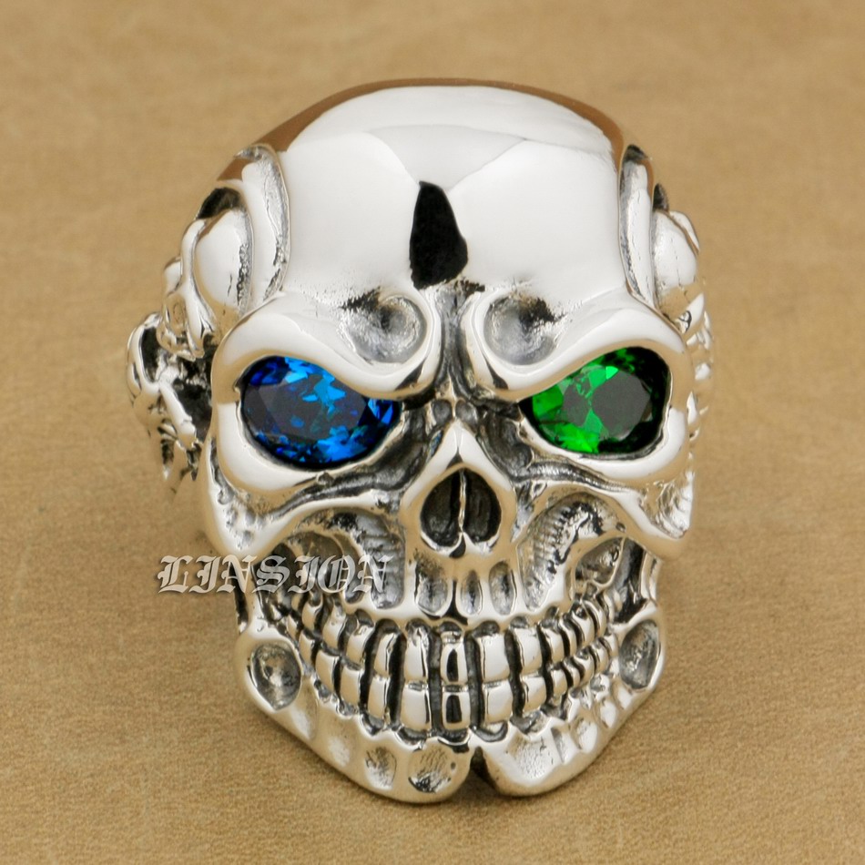 

LINSION 925 Sterling Silver Titan Skull Blue Green CZ Stone Eyes Mens Biker Punk Ring sterling-silver-jewelry 8V605 US Size 7~15