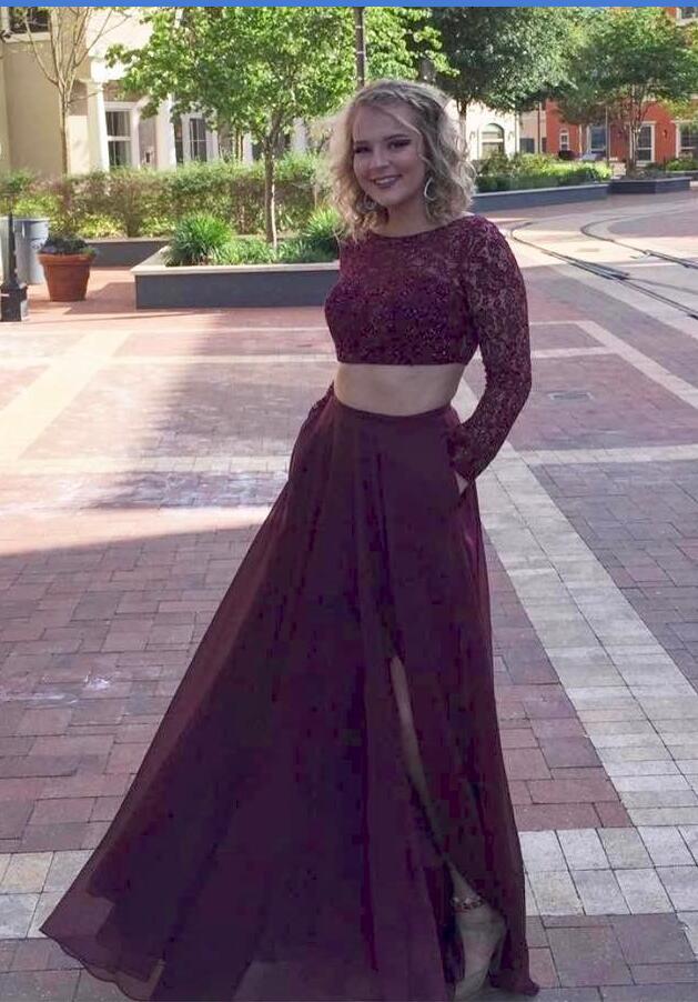

Burgundy Lace Long Sleeve Formal Dresses Two Pieces Chiffon Skirt Prom Dress Gowns Sparkly Beaded Leg Slit Evening Party Dresses with Pocket, Light purple