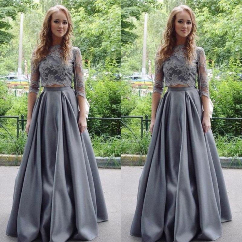 

Elegant 2017 Gray Lace Half Sleeve Top Satin Skirt Two Pieces Prom Dresses Long Cheap Ruched Floor Length Formal Dresses Custom EN102611, Light yellow