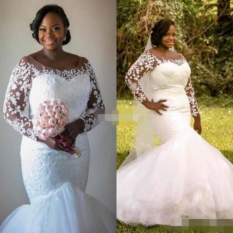 

African Plus Size Mermaid Wedding Dresses Sheer Scoop Neck Long Illusion Sleeves Court Train Garden Vintage Wedding Bridal Gowns, Ivory