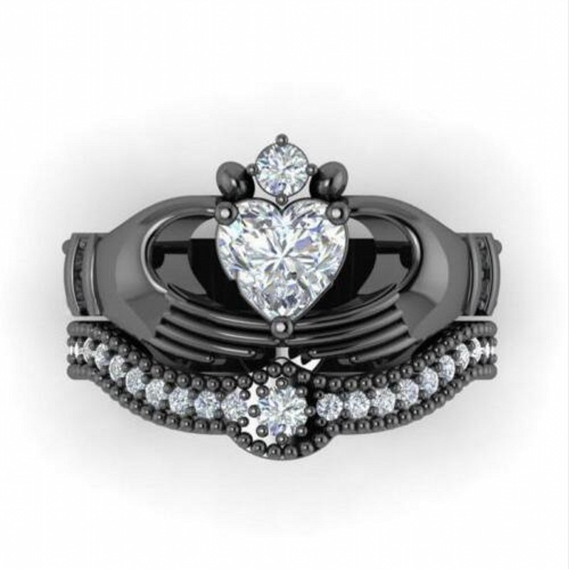 

Eternal Claddagh Ring Sets 2-in-1 10KT Black Gold Filled 1CT Heart White Sapphire Women's Wedding ring for Women Gift Size 5-11