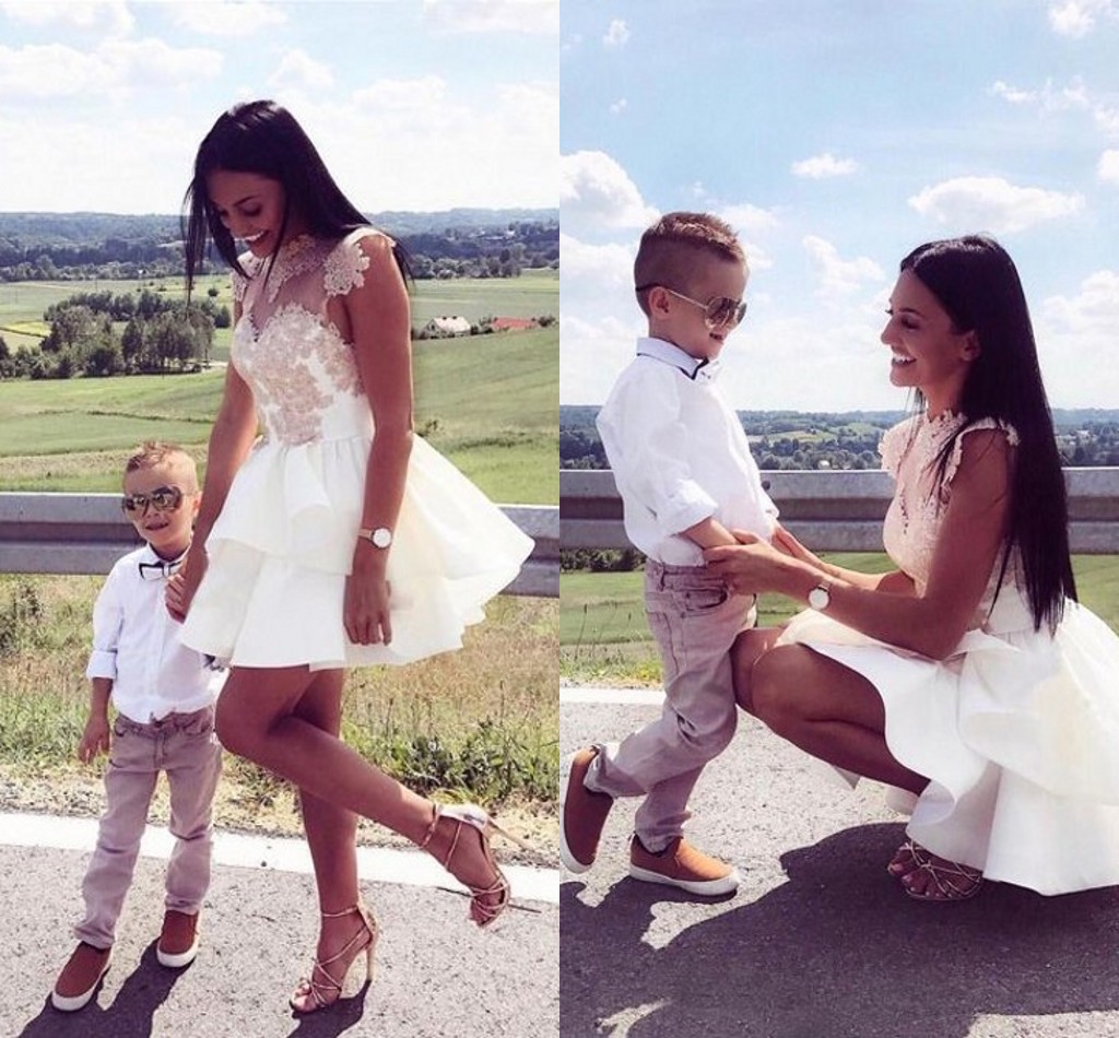 

White Satin Lace Short Prom Dresses High Neck Appliques Tiered Skirt Ball Gown Homecoming Dresses Short Arabic Party Dresses, Ivory