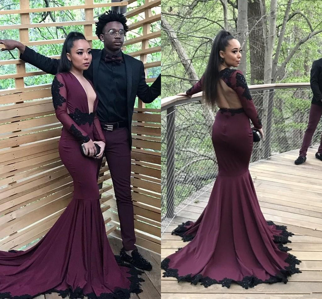 

Long sleeves plunging neckline sexy open back evening gowns black applique sweep train mermaid dresses evening wear, Hunter