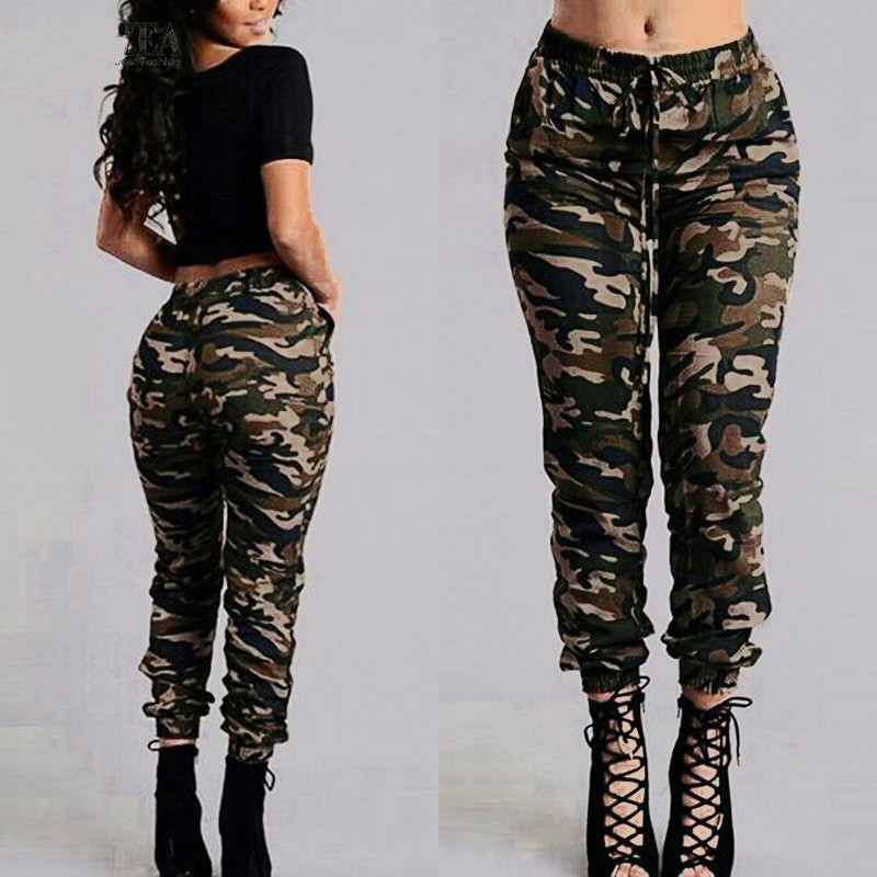 

Camouflage Printed Pants Plus Size S-3XL Autumn Army Cargo Pants Women Trousers Elastic Waist Pants, As pic
