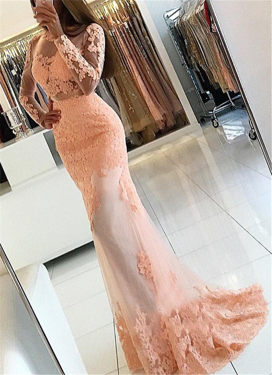 

Newest Mermaid Lace Appliques Long Sleeve High Neck Prom Dress Champagne See Through Open Back Beading Sash Evening Dress, Blue