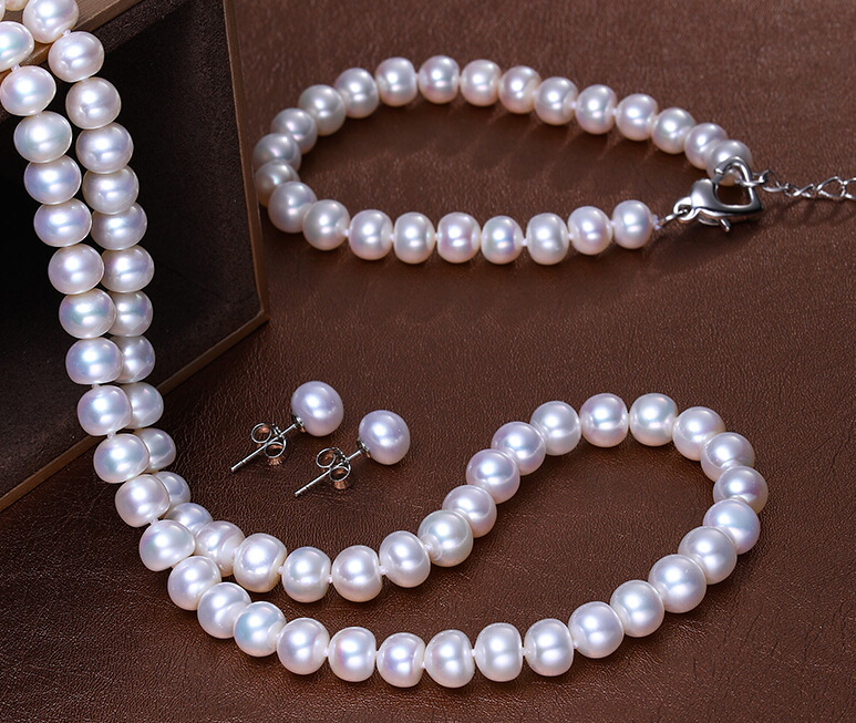 Bijoux en perles fines 18 pouces, ensemble naturel 8-9mm, collier de perles blanches, bracelet, boucle d'oreille, fermoir en argent 925