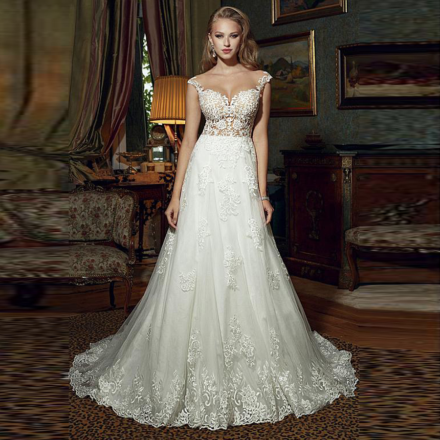 

Exquisite Scoop Neckline Bridal Gowns See-through A-Line Wedding Dresses Lace Appliques Beadings Illusion Back with Button, Gold